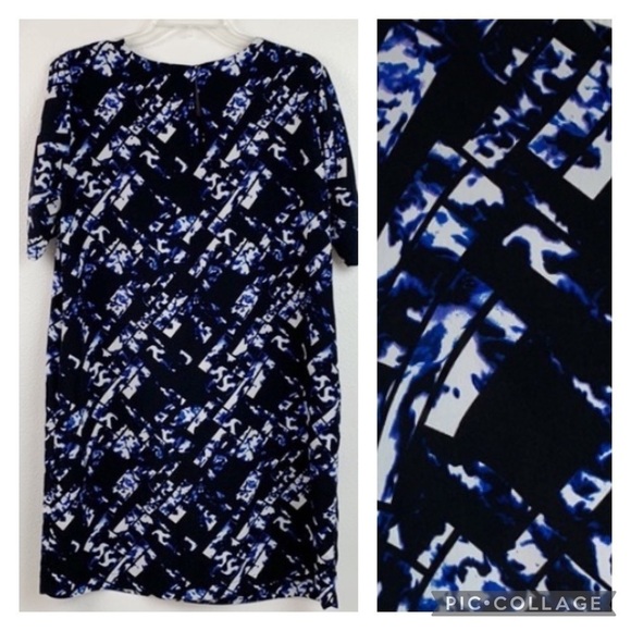 Mossimo silky graphic print short sleeve straight shift work dress, pockets! EUC - Picture 1 of 8